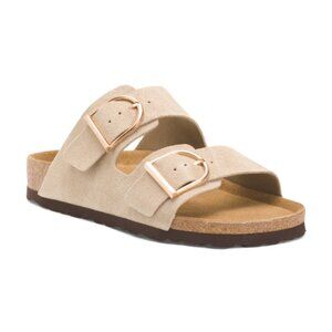 CUSHIONAIRE Suede Legacy Oversized Buckle Double Strap Sandals